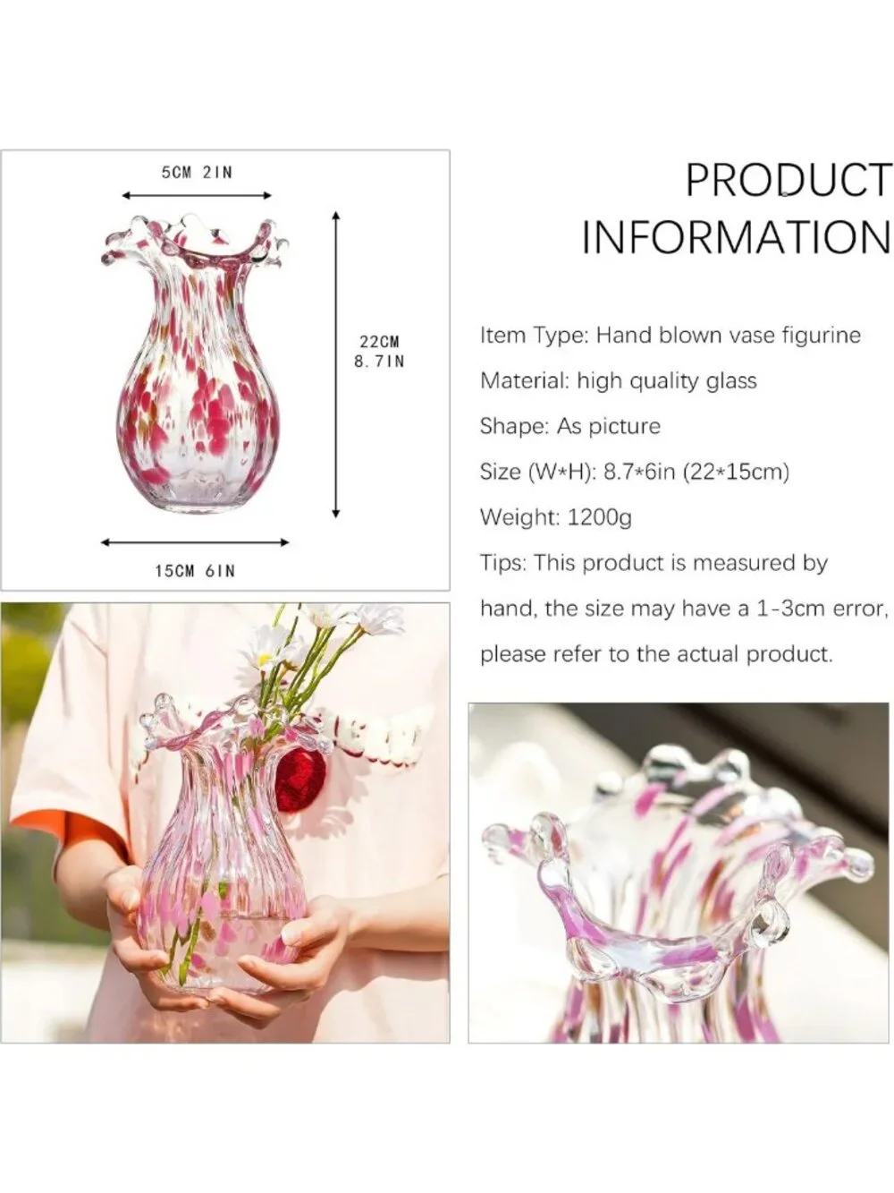 Hand Blown Modern Glass Vase - Elegant Pink Petal Decor for Flowers & Home Decor